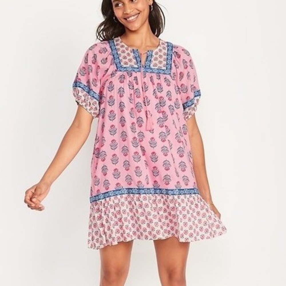 Old Navy Pink Blue Puff-Sleeve‎ Printed Mini Swing Dress M Tall Boho
